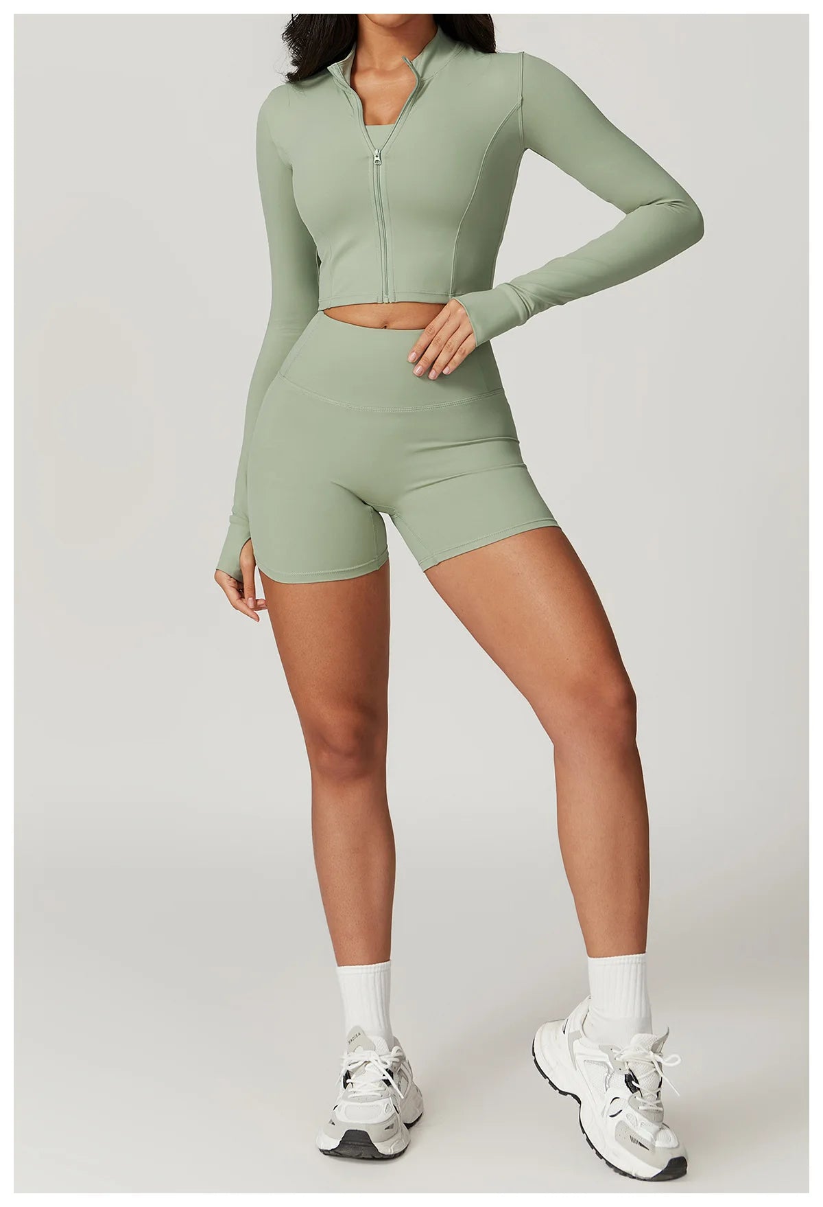 Zipped Long Sleeve Top, High-Waist Leggings Shorts & Sports Bra Set