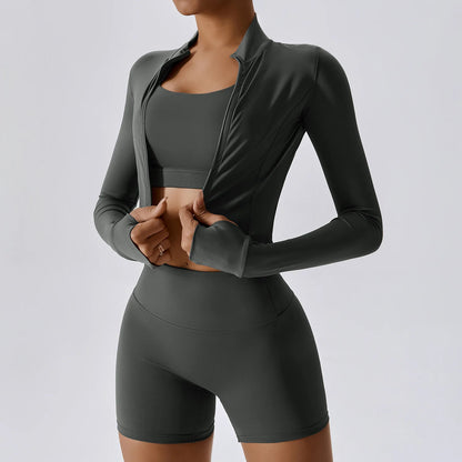 Zipped Long Sleeve Top, High-Waist Leggings Shorts & Sports Bra Set