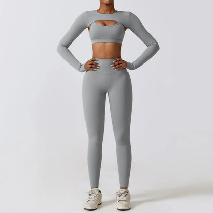 Long-Sleeve Crop Top, Strappy Padded Bra & High-Waist Leggings Set