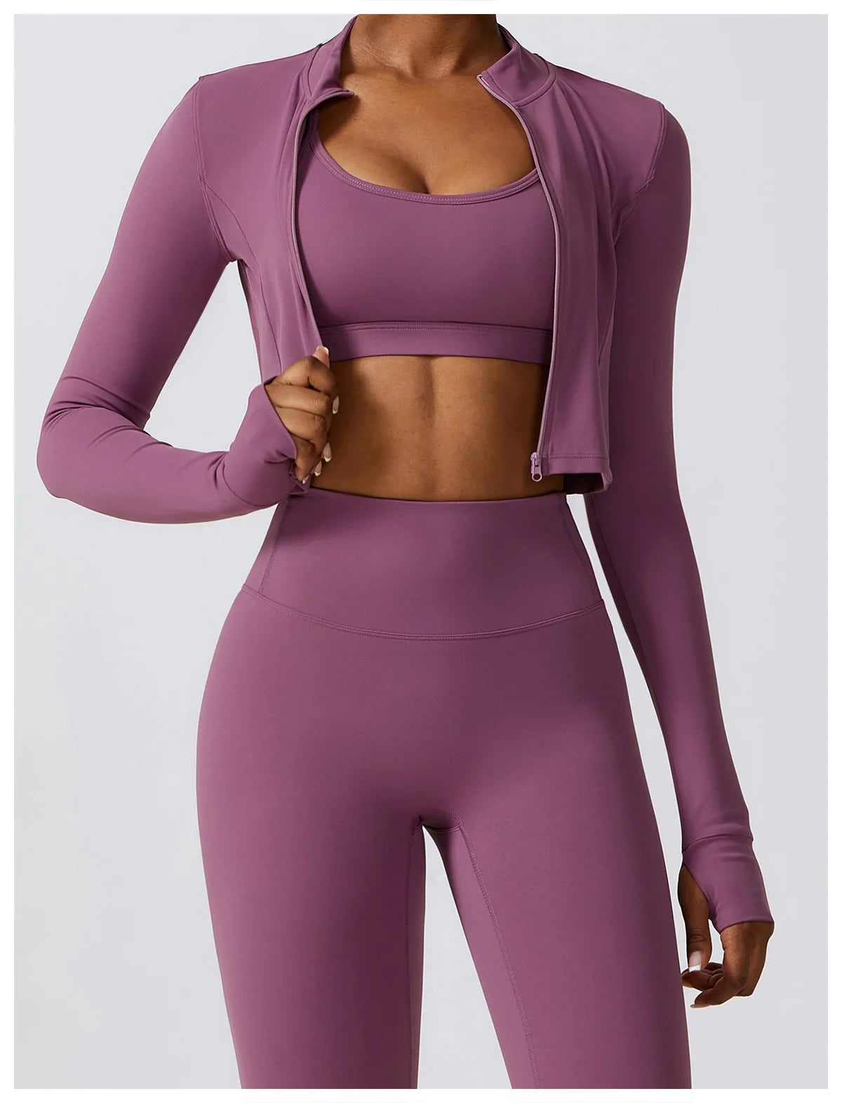 Long-Sleeve Zipped Shirt, Padded Bra & High-Waist Leggings Set