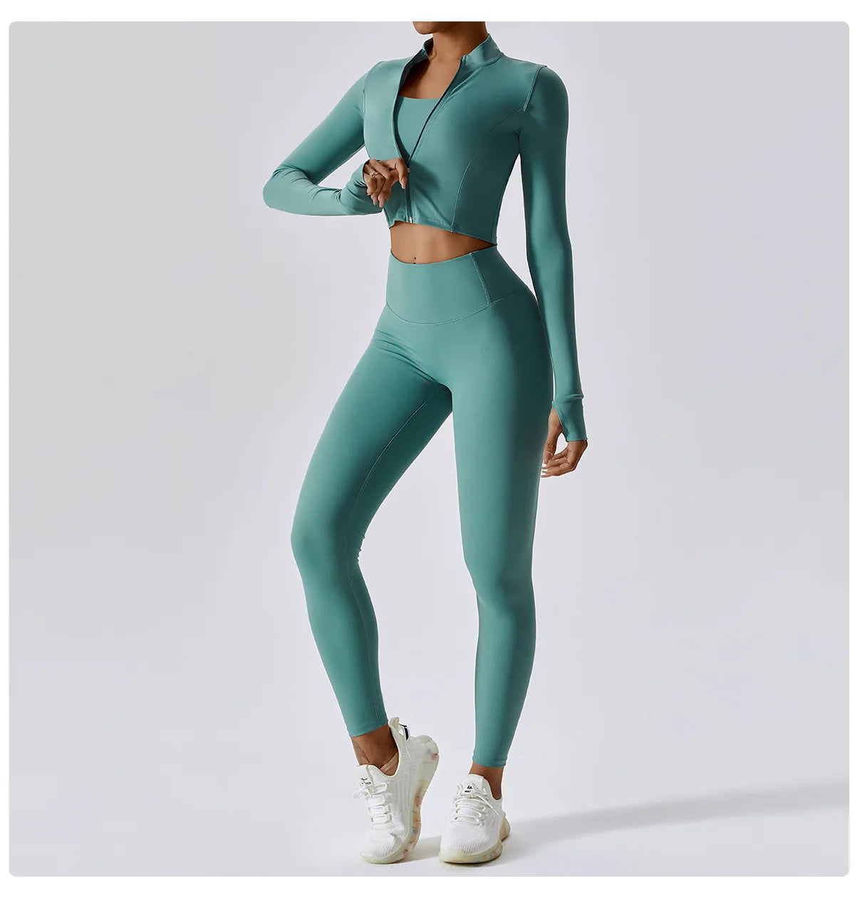 Zipped Long Sleeve Top, High-Waist Leggings & Sports Bra Set