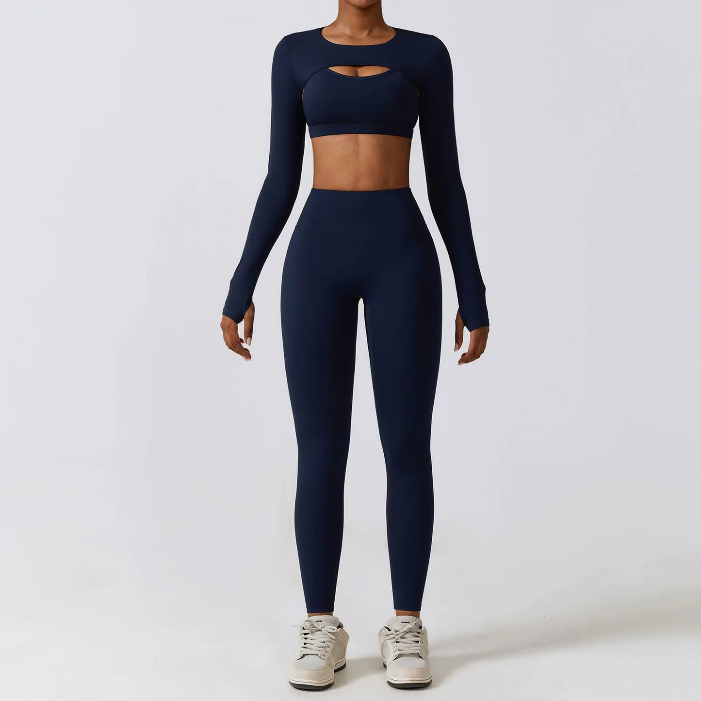 Long-Sleeve Crop Top, Strappy Padded Bra & High-Waist Leggings Set