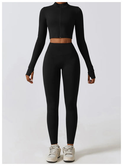 Long-Sleeve Zipped Shirt, Padded Bra & High-Waist Leggings Set