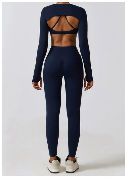 Long-Sleeve Crop Top, Strappy Padded Bra & High-Waist Leggings Set