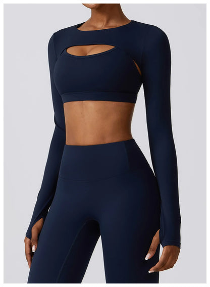 Long-Sleeve Crop Top, Strappy Padded Bra & High-Waist Leggings Set