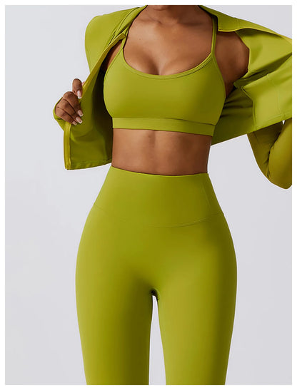 Long-Sleeve Zipped Shirt, Padded Bra & High-Waist Leggings Set