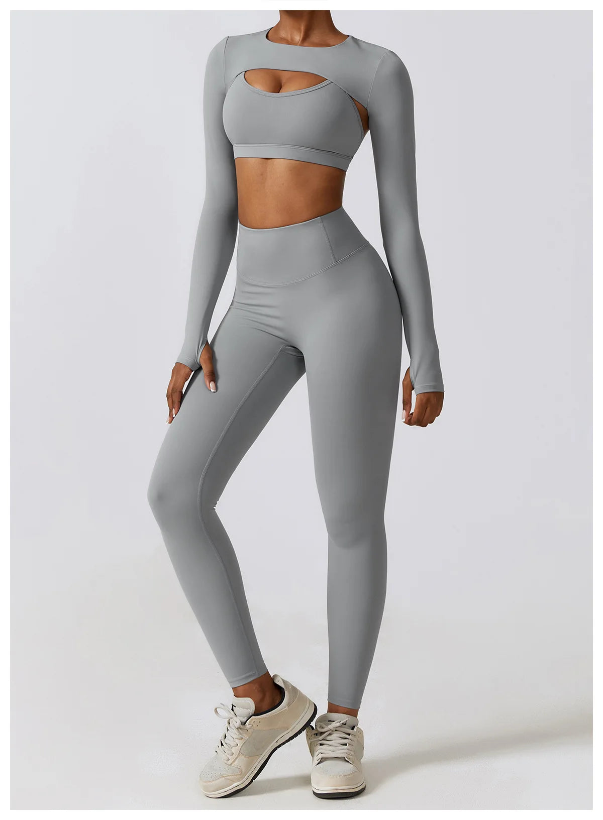 Long-Sleeve Crop Top, Strappy Padded Bra & High-Waist Leggings Set