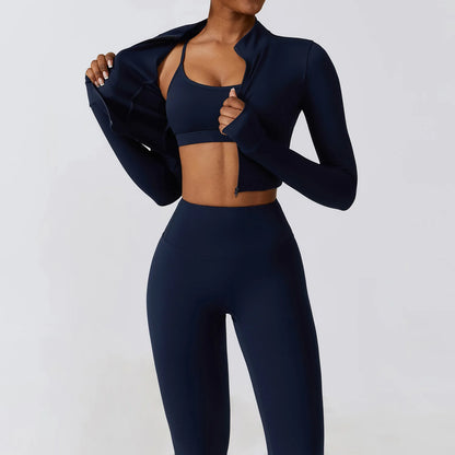 Long-Sleeve Zipped Shirt, Padded Bra & High-Waist Leggings Set