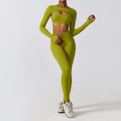 Long-Sleeve Crop Top, Strappy Padded Bra & High-Waist Leggings Set