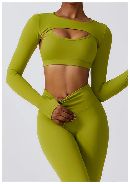 Long-Sleeve Crop Top, Strappy Padded Bra & High-Waist Leggings Set