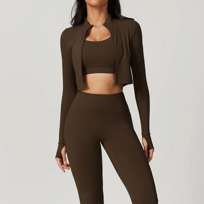 Zipped Long Sleeve Top, High-Waist Leggings & Sports Bra Set