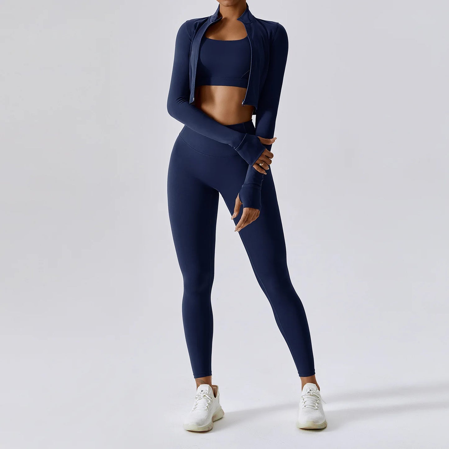 Zipped Long Sleeve Top, High-Waist Leggings & Sports Bra Set