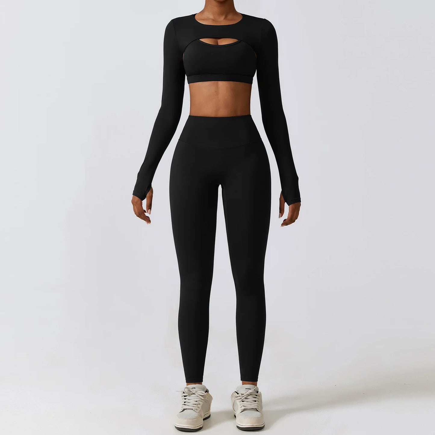 Long-Sleeve Crop Top, Strappy Padded Bra & High-Waist Leggings Set