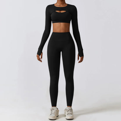 Long-Sleeve Crop Top, Strappy Padded Bra & High-Waist Leggings Set