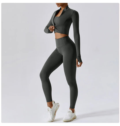 Zipped Long Sleeve Top, High-Waist Leggings & Sports Bra Set