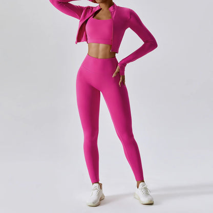 Zipped Long Sleeve Top, High-Waist Leggings & Sports Bra Set