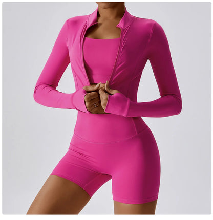 Zipped Long Sleeve Top, High-Waist Leggings Shorts & Sports Bra Set