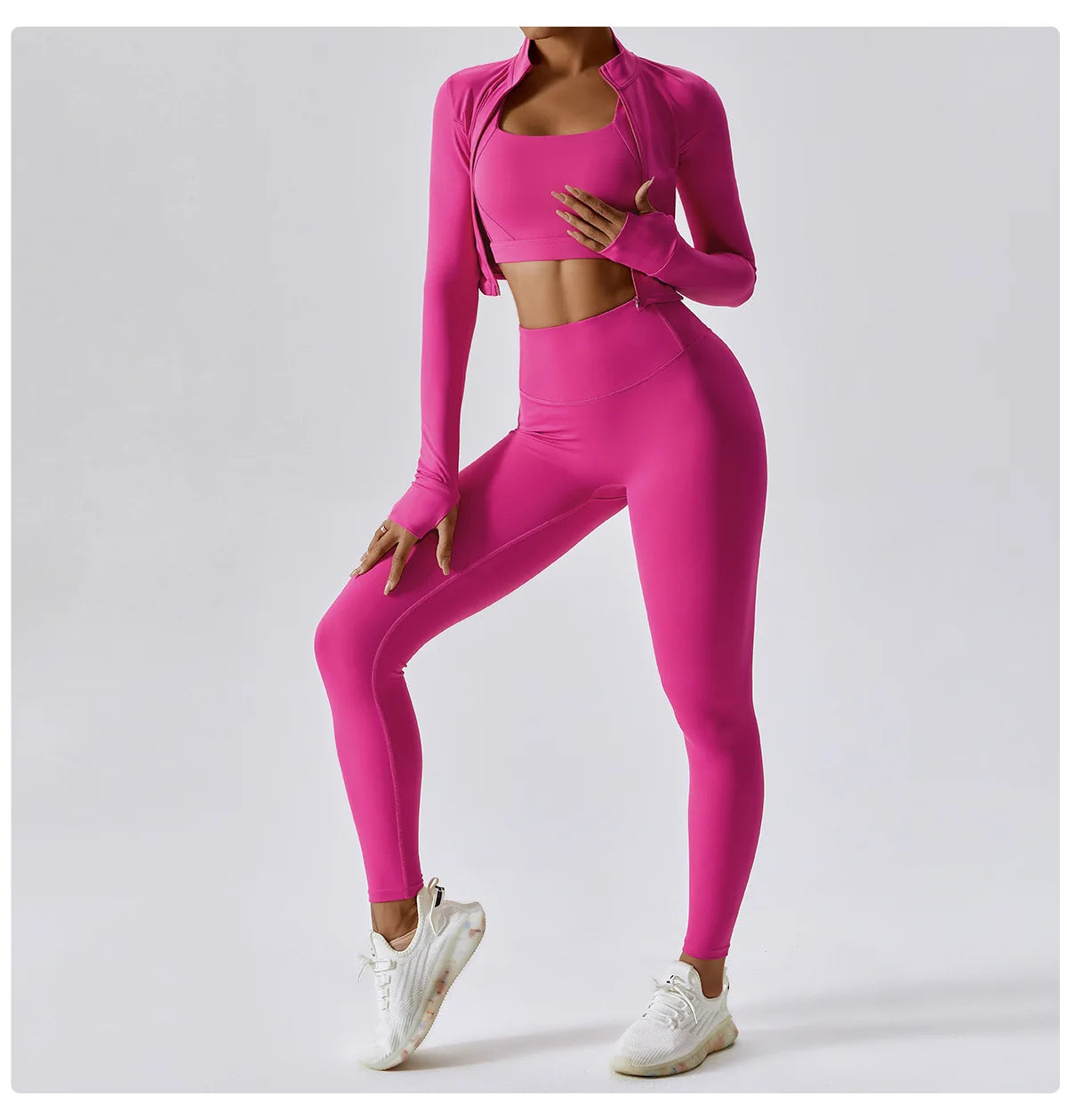 Zipped Long Sleeve Top, High-Waist Leggings & Sports Bra Set