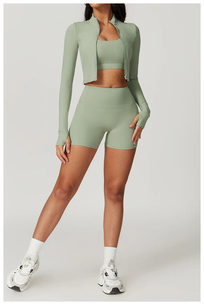 Zipped Long Sleeve Top, High-Waist Leggings Shorts & Sports Bra Set