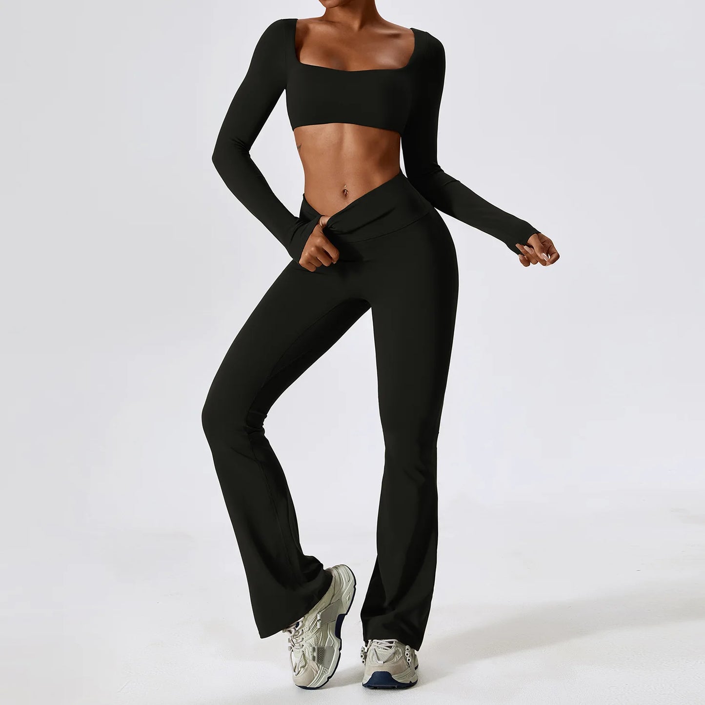 Long Sleeve Crop Top & High-Waist Wide-Leg Leggings