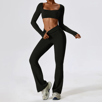 Long Sleeve Crop Top & High-Waist Wide-Leg Leggings