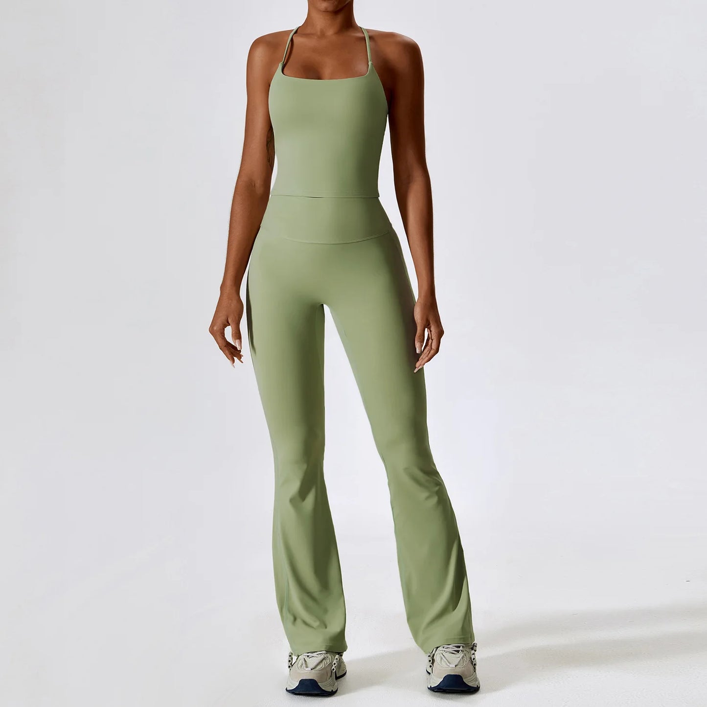 Strappy Padded Crop Top & High-Waist Wide-Leg Leggings