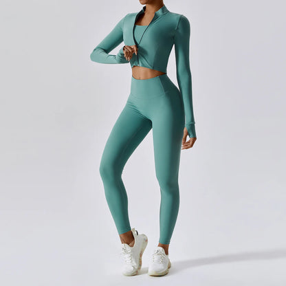 Zipped Long Sleeve Top, High-Waist Leggings & Sports Bra Set