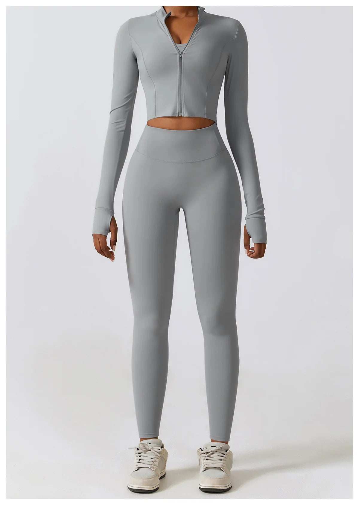 Long-Sleeve Zipped Shirt, Padded Bra & High-Waist Leggings Set