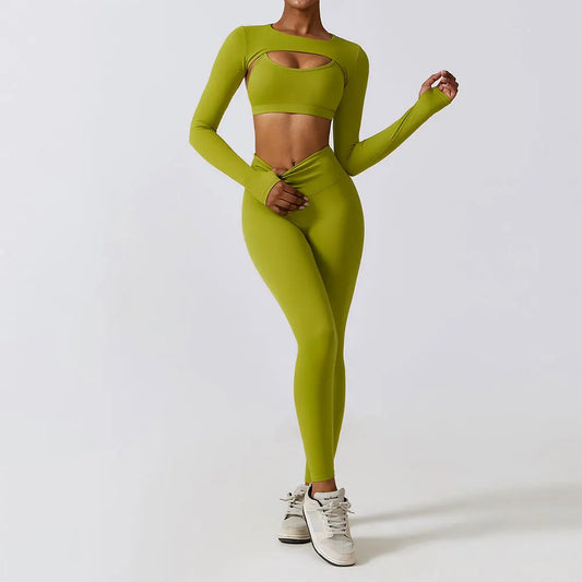 Long-Sleeve Crop Top, Strappy Padded Bra & High-Waist Leggings Set