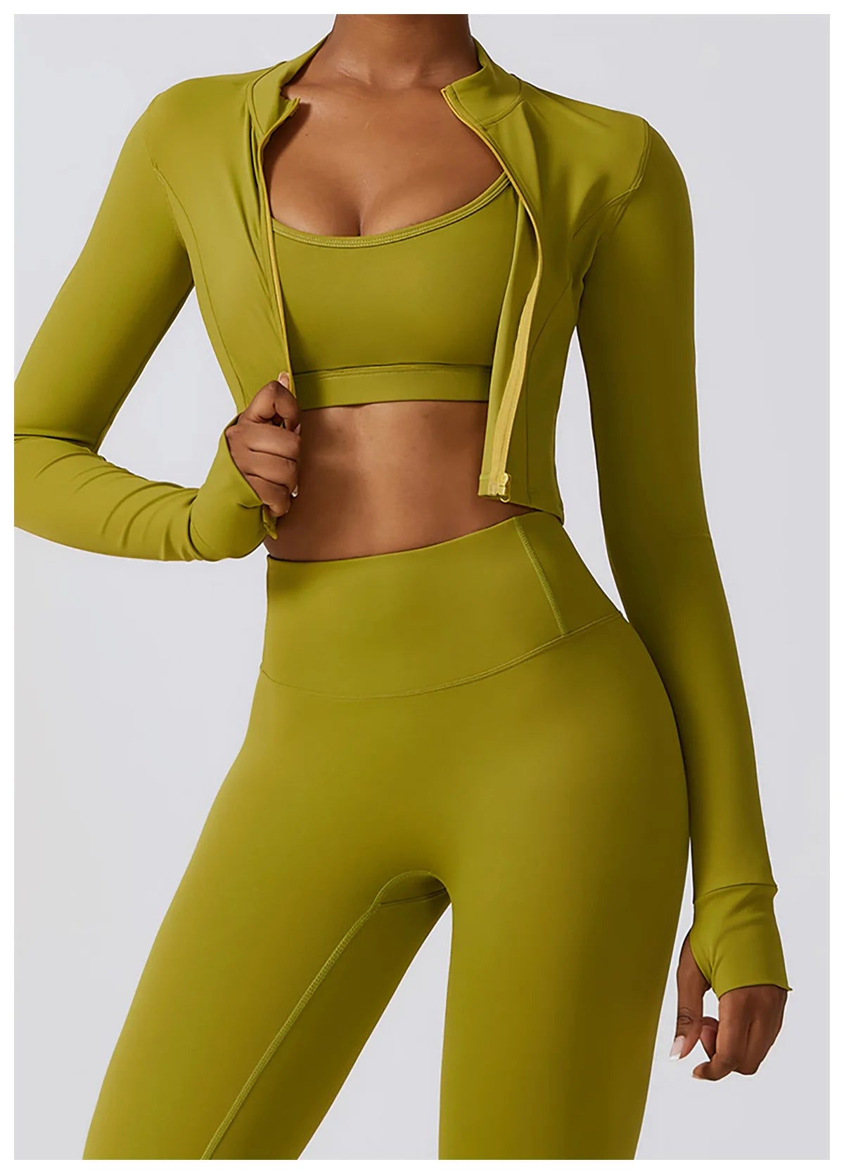 Long-Sleeve Zipped Shirt, Padded Bra & High-Waist Leggings Set