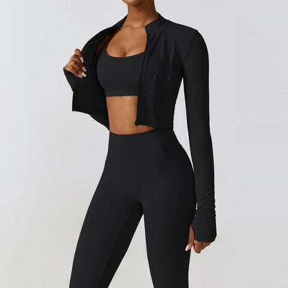 Long-Sleeve Zipped Shirt, Padded Bra & High-Waist Leggings Set