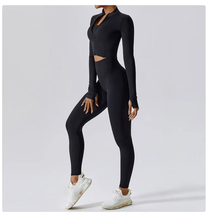 Zipped Long Sleeve Top, High-Waist Leggings & Sports Bra Set