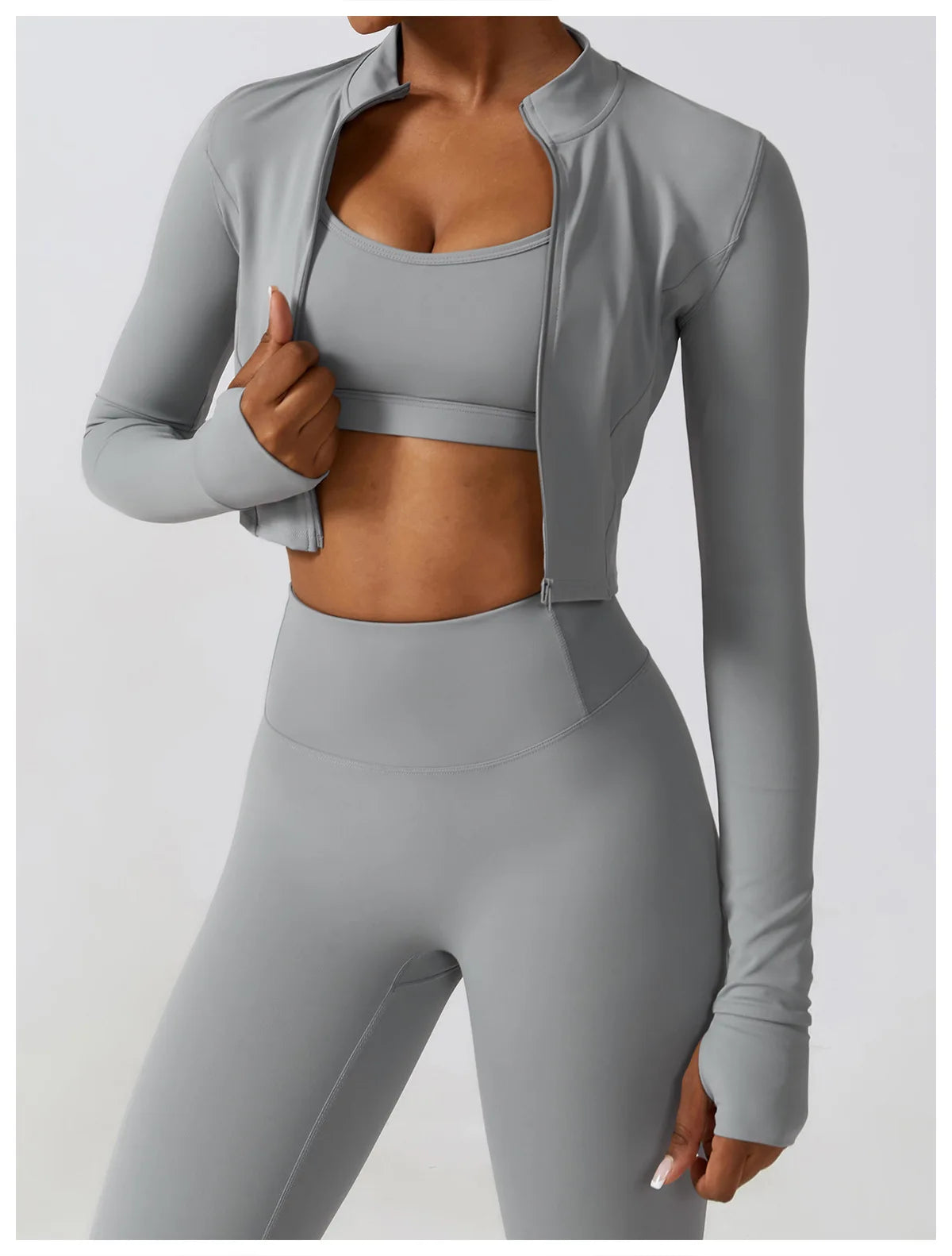 Long-Sleeve Zipped Shirt, Padded Bra & High-Waist Leggings Set