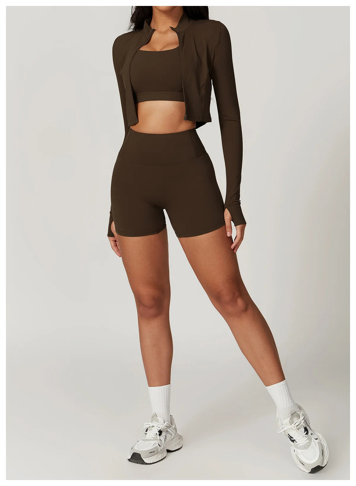 Zipped Long Sleeve Top, High-Waist Leggings Shorts & Sports Bra Set