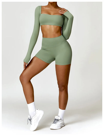 Long Sleeve Crop Top & High-Waist Shorts Set