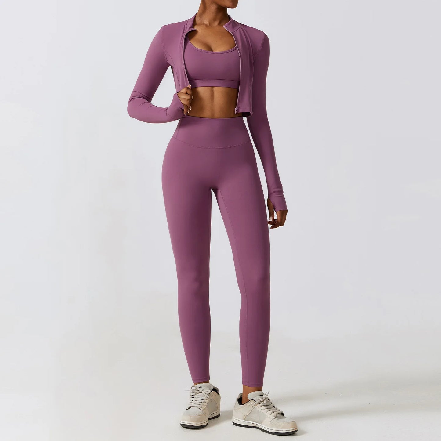 Long-Sleeve Zipped Shirt, Padded Bra & High-Waist Leggings Set