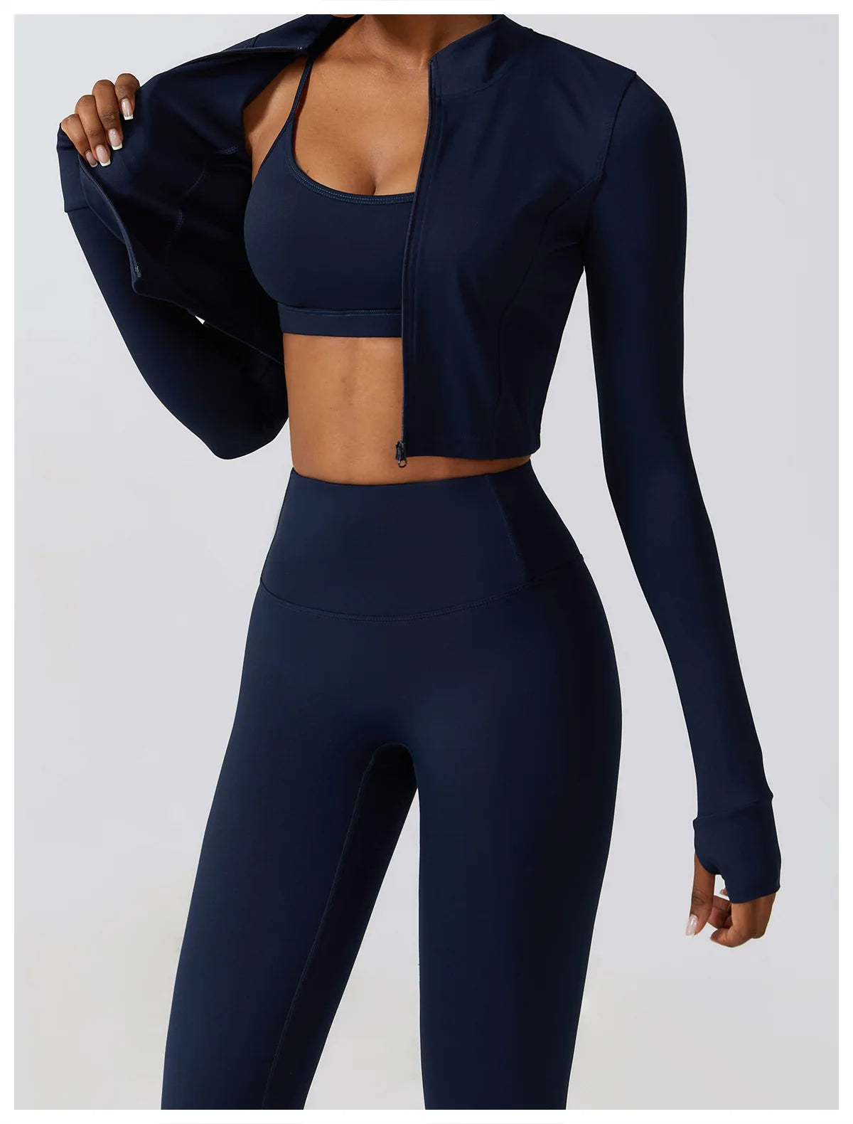 Long-Sleeve Zipped Shirt, Padded Bra & High-Waist Leggings Set