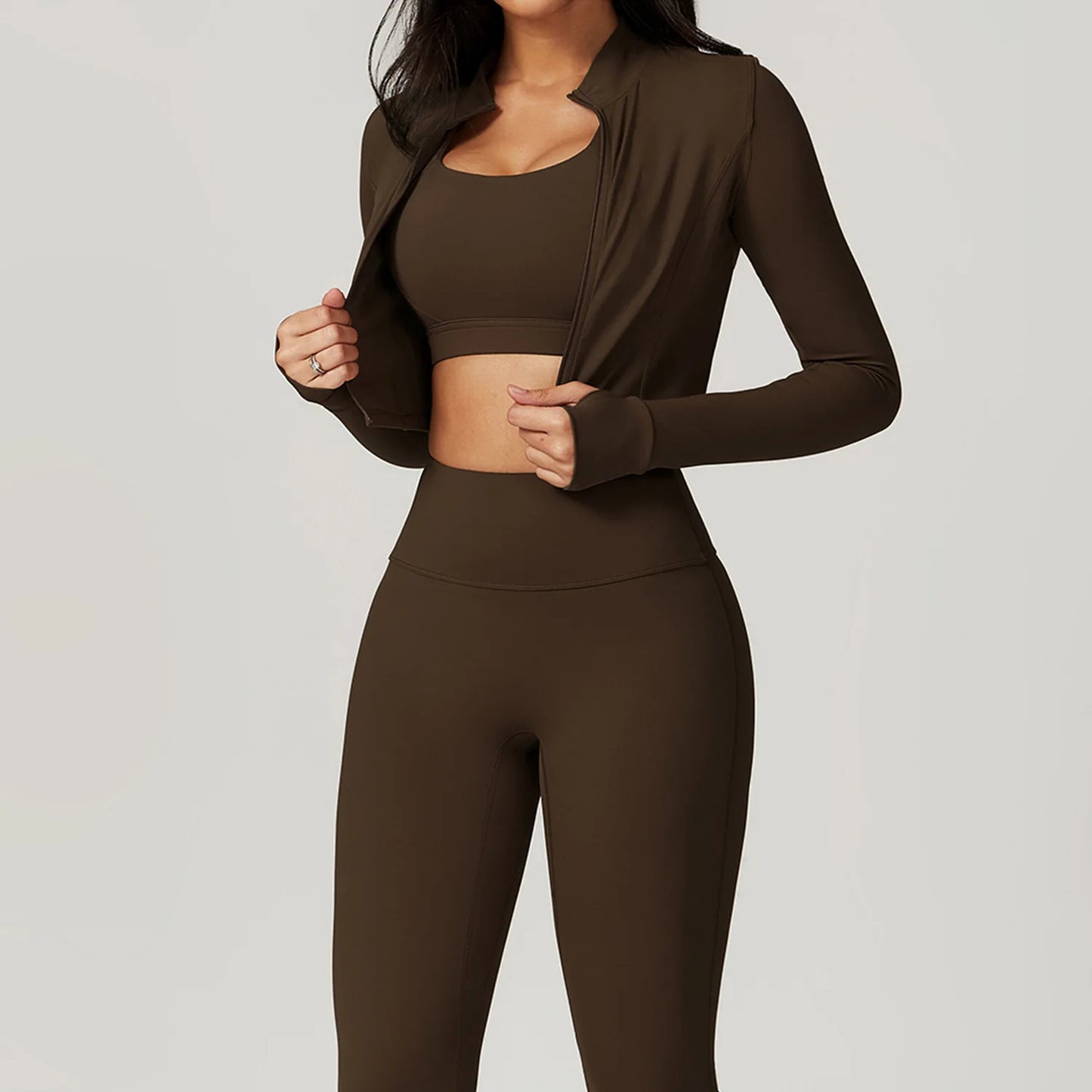 Zipped Long Sleeve Top, High-Waist Leggings & Sports Bra Set