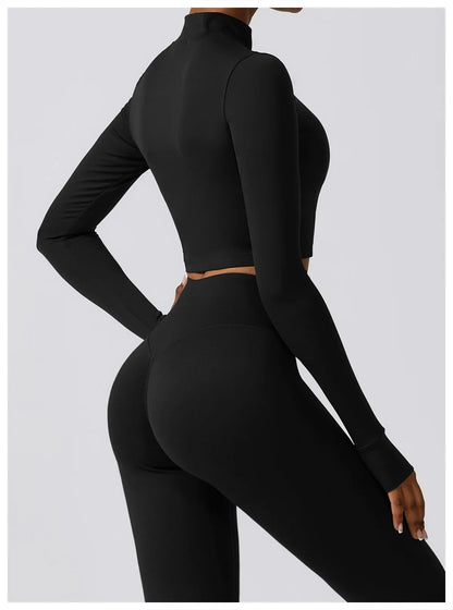 Long-Sleeve Zipped Shirt, Padded Bra & High-Waist Leggings Set