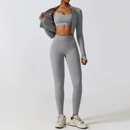 Long-Sleeve Zipped Shirt, Padded Bra & High-Waist Leggings Set