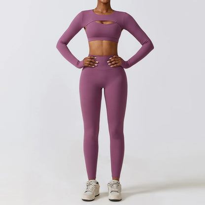 Long-Sleeve Crop Top, Strappy Padded Bra & High-Waist Leggings Set