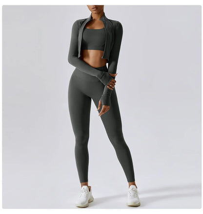 Zipped Long Sleeve Top, High-Waist Leggings & Sports Bra Set