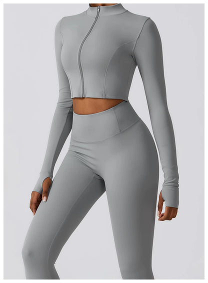 Long-Sleeve Zipped Shirt, Padded Bra & High-Waist Leggings Set