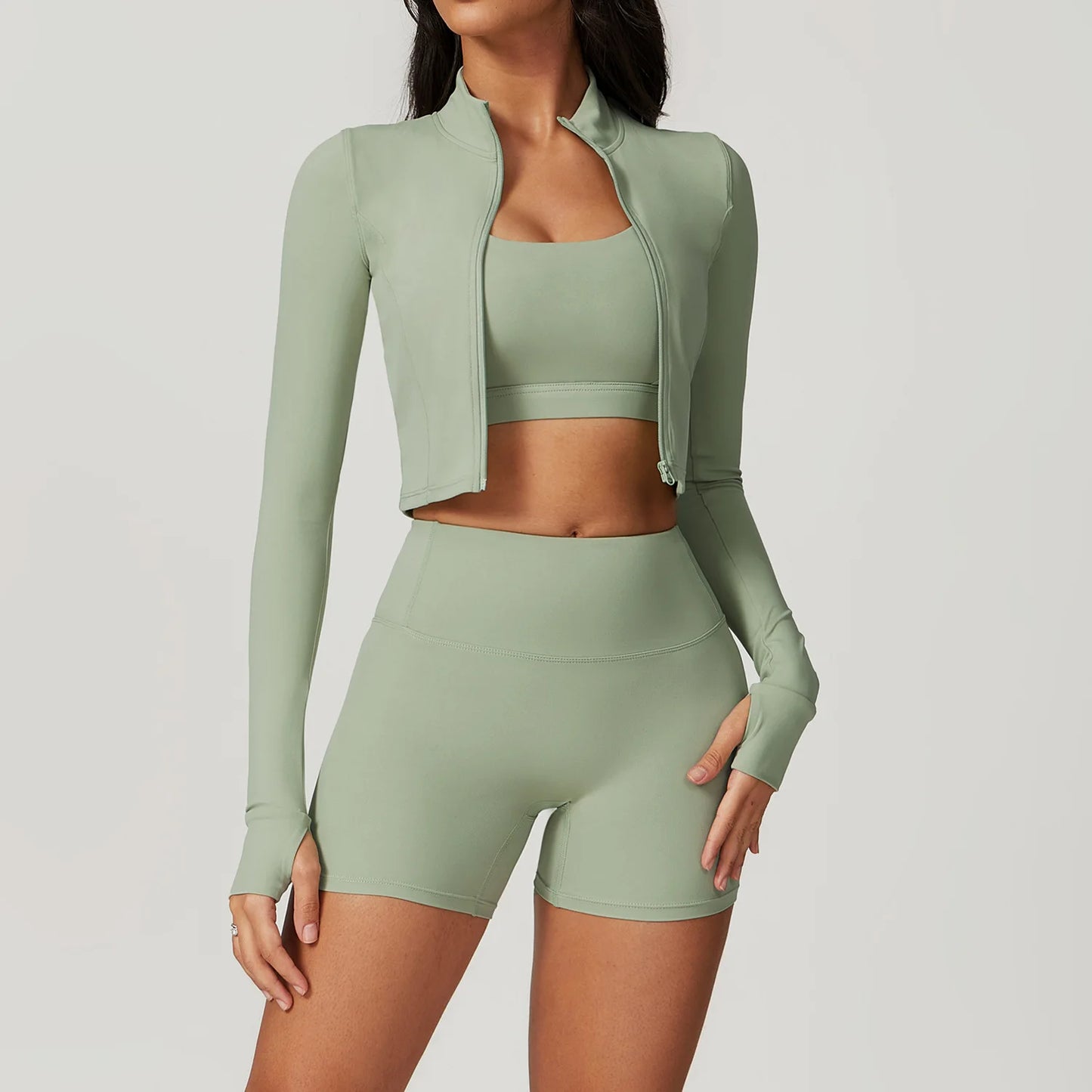 Zipped Long Sleeve Top, High-Waist Leggings Shorts & Sports Bra Set