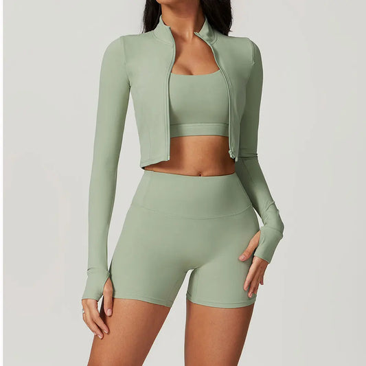 Zipped Long Sleeve Top, High-Waist Leggings Shorts & Sports Bra Set