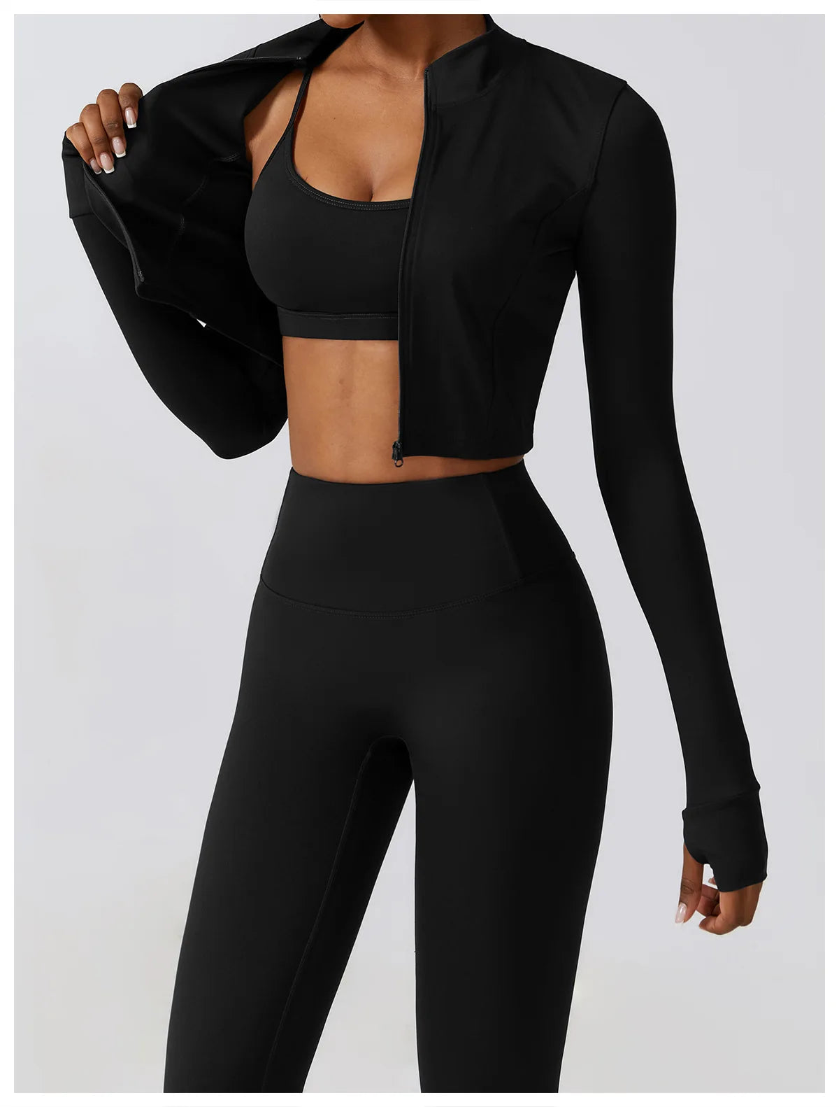 Long-Sleeve Zipped Shirt, Padded Bra & High-Waist Leggings Set