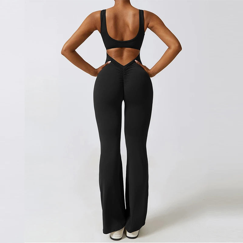 Women's V-Back Padded Flared Sports Jumpsuit