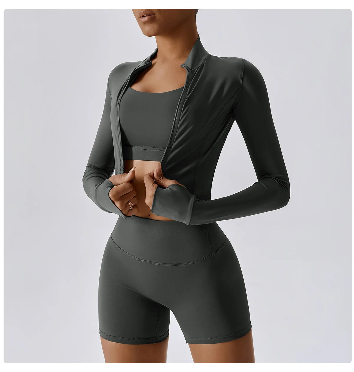 Zipped Long Sleeve Top, High-Waist Leggings Shorts & Sports Bra Set