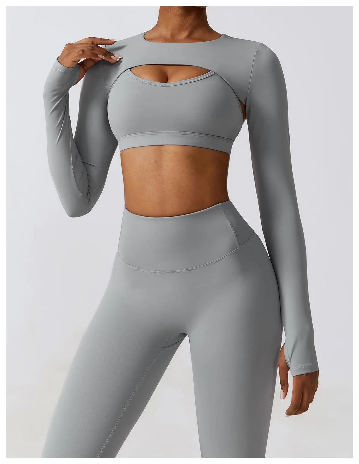 Long-Sleeve Crop Top, Strappy Padded Bra & High-Waist Leggings Set