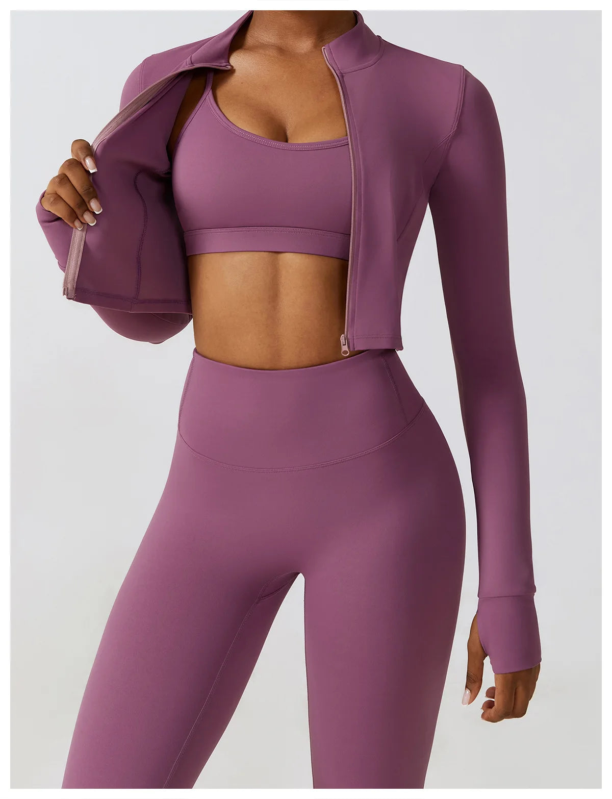 Long-Sleeve Zipped Shirt, Padded Bra & High-Waist Leggings Set